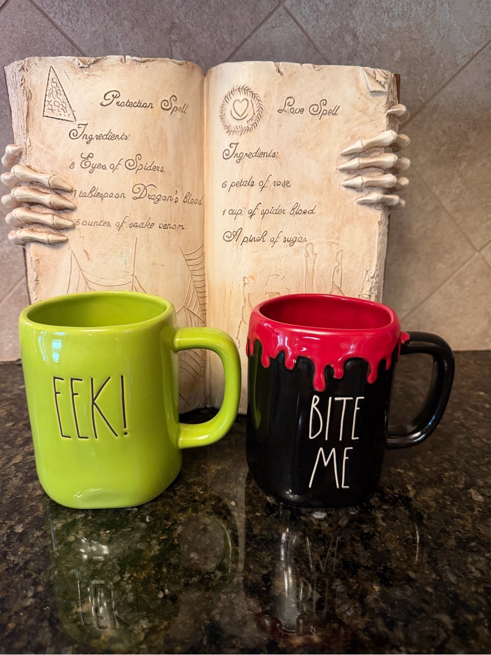 Rae Dunn Halloween Mugs!! Lime Green Ceramic Mug & Bite Me Black/Red.